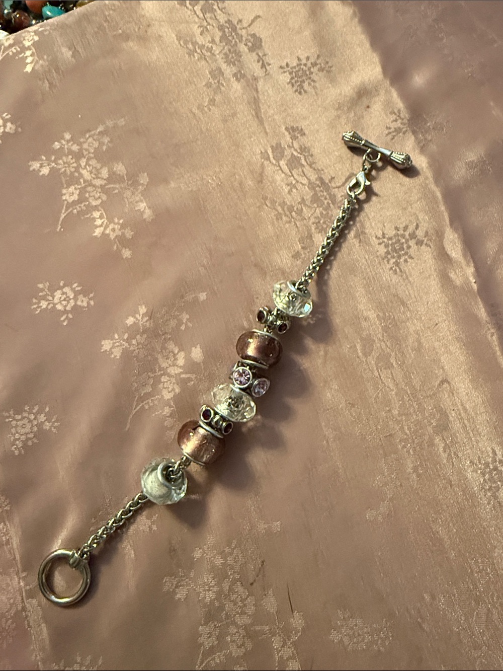 Silver Toggle Bracelet with Rose Gold and Clear Beads